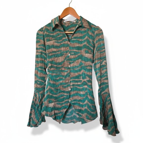 Diane von Furstenberg DVF XS Blouse Green Brown Animal Print Bell Sleeve Button - Picture 2 of 14